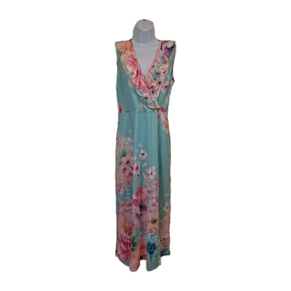Pamela Stewart Women's Floral Midi Dress Size S Sleeveless V-neck Ruffles